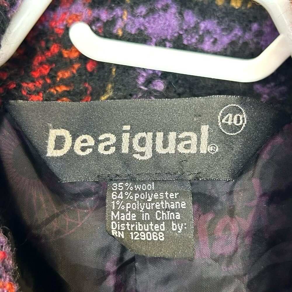 Desigual Coat Womens Size Small Boucle Tweed Plaid 3/4 Jacket  Wool Blend - Picture 3 of 3